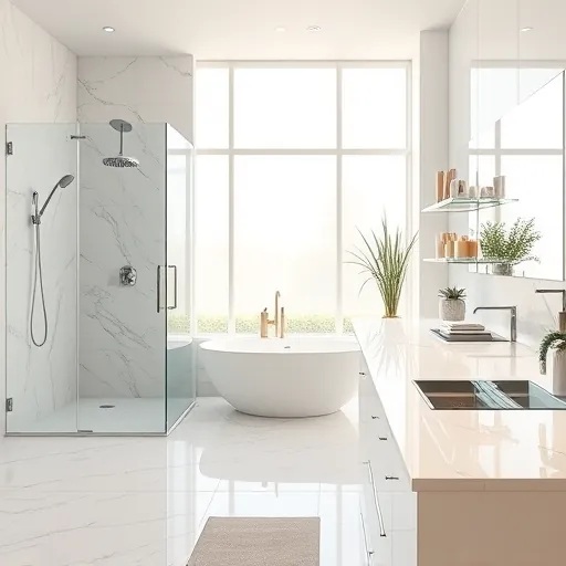 Renovated bathroom in Riviera Beach FL with modern fixtures, spacious walk-in shower, freestanding tub, and natural light.