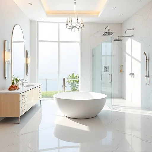 Renovated Highland Beach bathroom with marble floors, soaking tub, double vanity, glass shower, coastal accents, and natural light