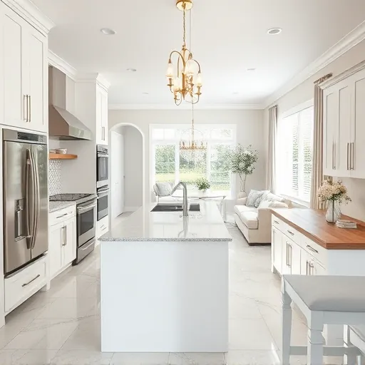 Modern kitchen remodel in Greenacres FL featuring white cabinets, granite island, stainless steel appliances and warm decor.