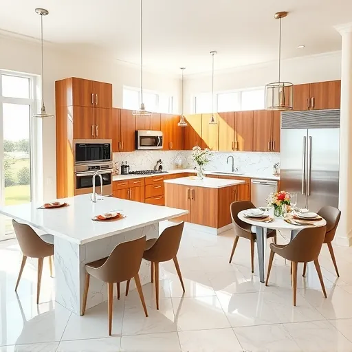 Modern kitchen remodel in Royal Palm Beach features marble countertops, warm wood cabinetry, inviting dining area, and elegant decor.