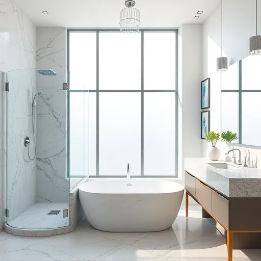 Renovated Juno Beach bathroom with modern fixtures, walk-in shower, marble tiles, soaking tub, contemporary vanity, coastal color palette