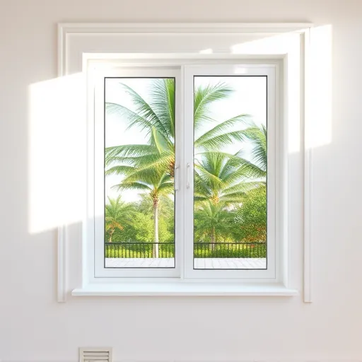 Freshly installed modern window with clear glass in a sunny Riviera Beach home featuring lush tropical greenery outside