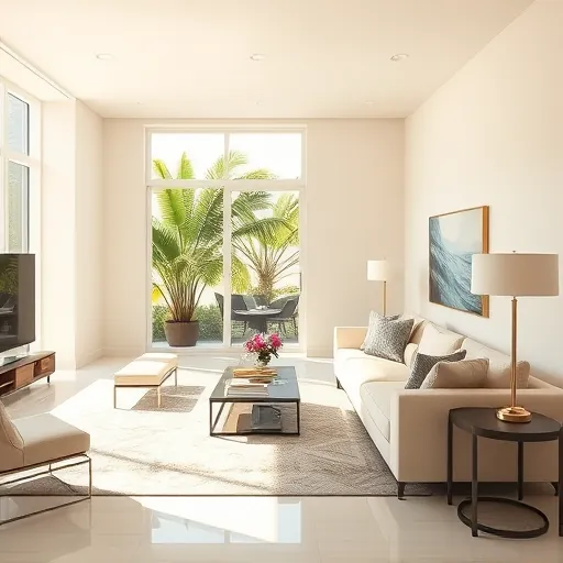 Freshly painted neutral walls in a modern Riviera Beach living room with stylish furniture, decor, and natural sunlight