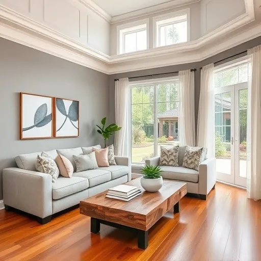 Remodeled living room in Lake Harbor FL featuring crown molding, warm wood floors, and elegant outdoor views.
