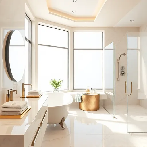 Renovated bathroom in Riviera Beach FL with modern fixtures, frosted windows, marble countertops, and elegant décor.