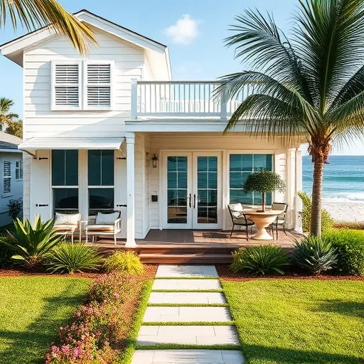Modern coastal home in Briny Breezes FL with pastel exterior, tropical landscaping, and serene ocean backdrop.