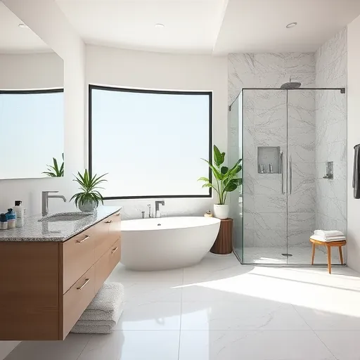Beautiful modern bathroom in Lake Clarke Shores with sleek fixtures, frameless shower, freestanding tub, and stylish decor