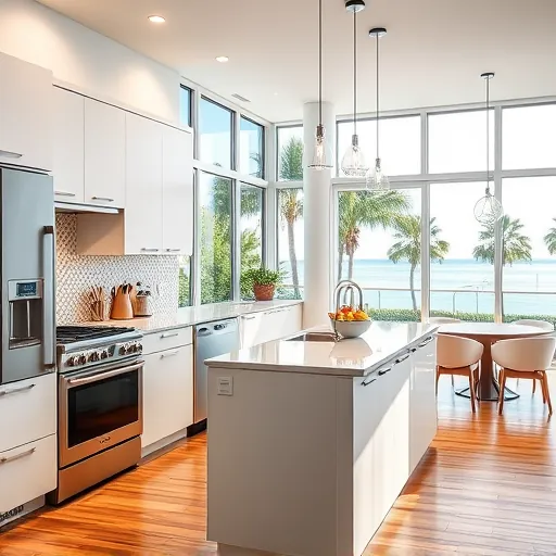 Remodeled Riviera Beach FL kitchen with modern matte cabinets stainless steel appliances quartz countertops mosaic backsplash hardwood floors natural light lush greenery waterfront view