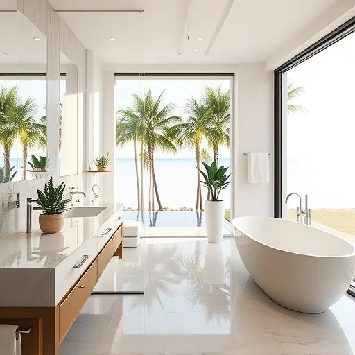 Remodeled South Palm Beach bathroom with modern fixtures, walk-in shower, marble countertops, freestanding bathtub and ocean view