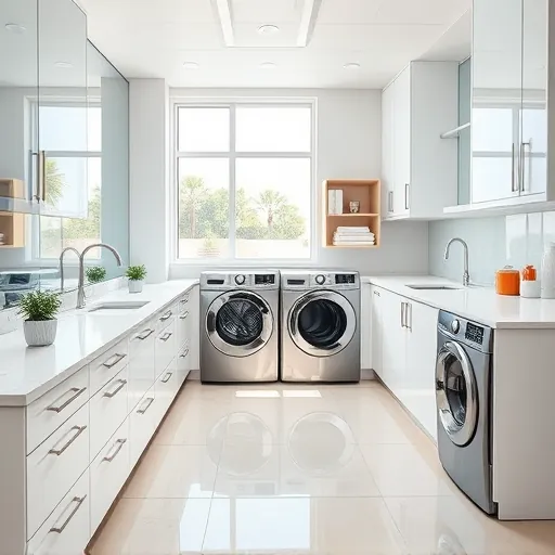 Remodeled Riviera Beach laundry room with sleek modern design, high-end appliances, marble counters, natural light, and organized storage