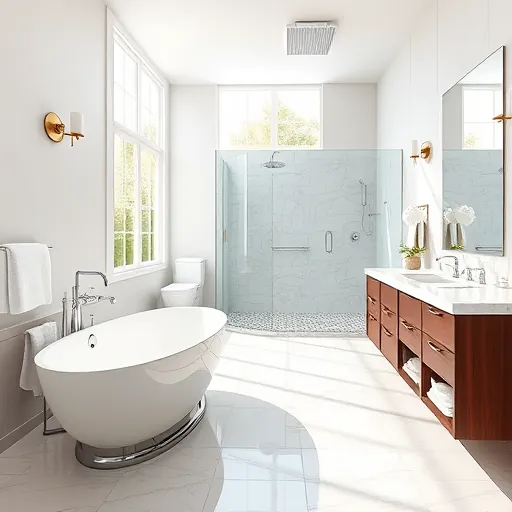 Modern remodeled bathroom in Hypoluxo Florida with freestanding tub, glass shower, double vanity, and natural sunlight