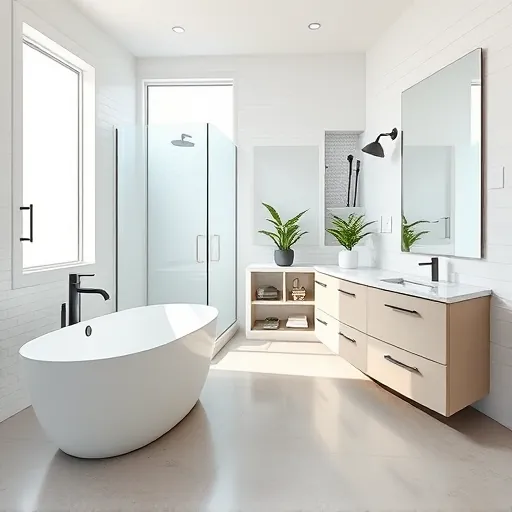 Remodeled Greenacres Florida bathroom with modern fixtures, spa tub, glass shower, quartz vanity, and natural lighting