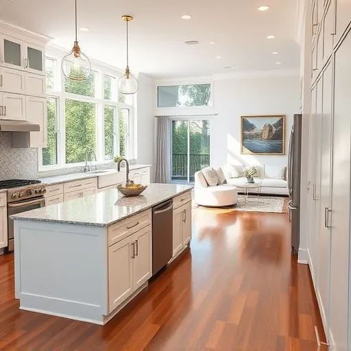 Modern kitchen remodel in Hypoluxo FL with white cabinets, granite island, stainless steel appliances, and natural light.