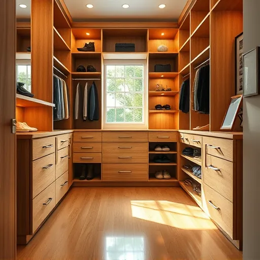 Modern Riviera Beach closet with light oak shelves, built-in lighting, organized clothing, shoes, and polished hardwood floors