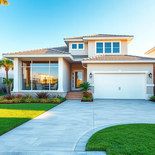 Recently renovated Riviera Beach FL home with modern design, vibrant paint, energy-efficient windows, lush tropical landscaping and sleek driveway