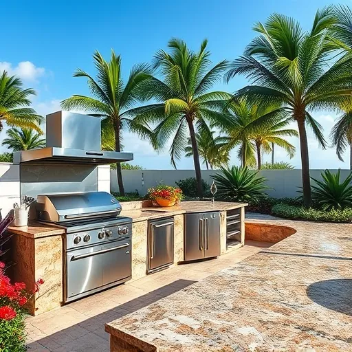Completed outdoor kitchen in Riviera Beach FL with stainless steel appliances granite countertops tropical plants and clear blue sky