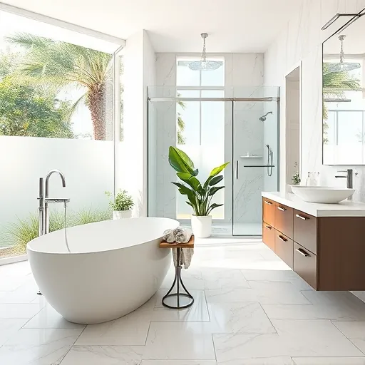 Remodeled Pahokee FL bathroom with modern fixtures, freestanding bathtub, marble shower, vessel sink, natural light, lush greenery