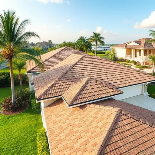 Recently repaired modern home roof in Riviera Beach FL with neat earth-tone shingles, lush lawn, tropical landscaping, and sunny sky