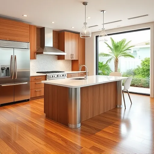 Modern South Palm Beach kitchen with stainless steel appliances, quartz island, elegant backsplash, and natural lighting.
