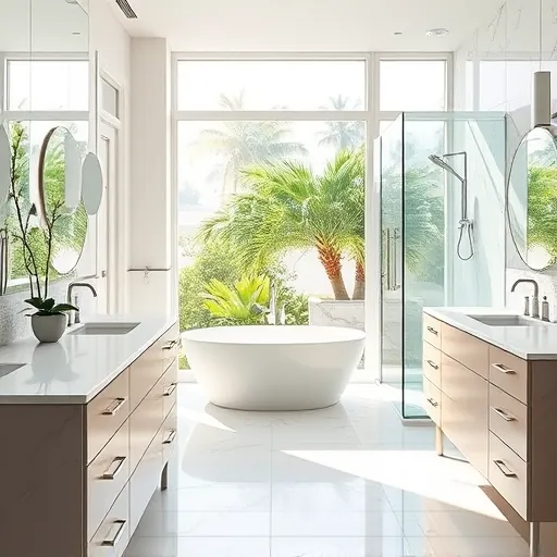 Luxurious renovated Palm Beach Shores bathroom with marble countertops, modern fixtures, and spacious glass shower.