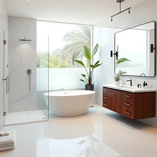 Remodeled luxurious bathroom in Royal Palm Beach FL with glass walk-in shower marble tiles freestanding tub dark wood vanity and tropical greenery
