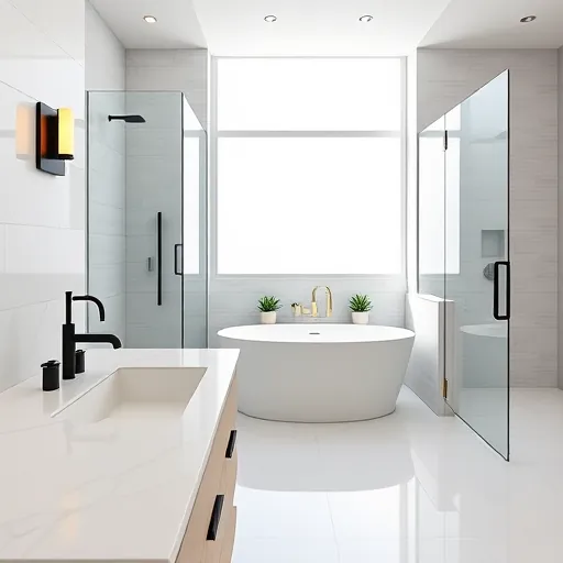 Beautiful remodeled Riviera Beach bathroom with modern matte black fixtures, glass shower, soaking tub, marble countertop, and elegant design