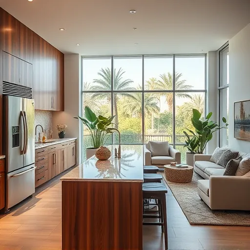 Modern kitchen remodel in Stuart FL with sleek appliances, warm wood cabinets, and marble countertops, flow to a cozy living area.