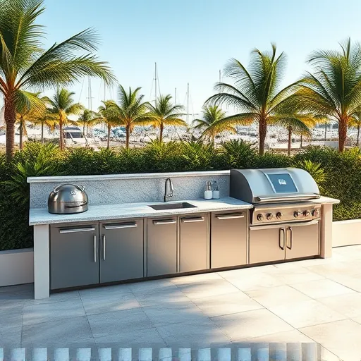 Modern outdoor kitchen in Riviera Beach Florida with stainless steel appliances granite counters tropical landscaping and waterfront view