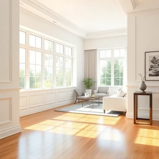 Finished modern living room with detailed crown molding, clean baseboards, neutral walls, hardwood floors, sunny lighting