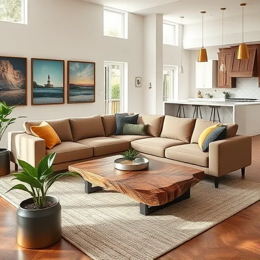 Modern living room in Juno Ridge FL featuring a sleek sectional sofa, elegant wood coffee table, and natural light.