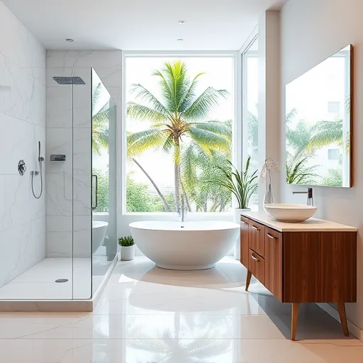 Renovated Riviera Beach bathroom with walk-in shower, marble tiles, freestanding tub, wooden vanity, and tropical green view