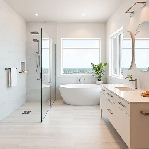 Renovated bathroom in Riviera Beach with modern design, walk-in shower, freestanding tub, and elegant finishes.