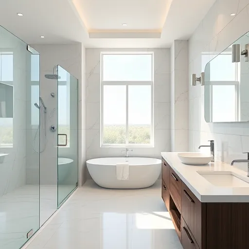 Luxurious renovated Highland Beach bathroom with walk-in shower, marble tiles, soaking tub, dark wood vanity, and ocean-inspired colors