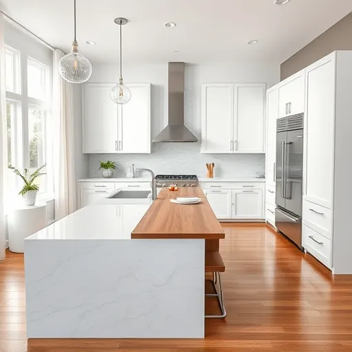 Remodeled Riviera Beach kitchen with white marble countertops, stainless steel appliances, wooden island, large sunlit windows, and modern decor