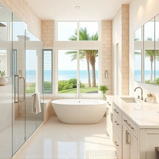 Remodeled bathroom in Briny Breezes FL with modern fixtures, freestanding tub, and coastal accents, featuring large windows.