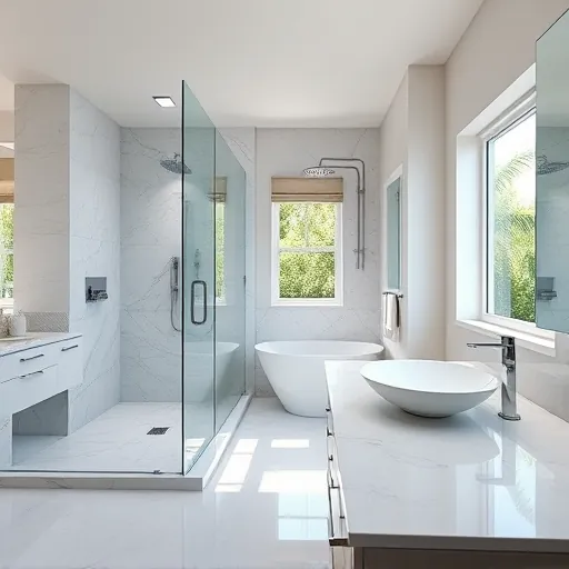 Remodeled spacious Boca Raton bathroom with walk-in glass shower, soaking tub, modern fixtures, natural light, lush greenery.