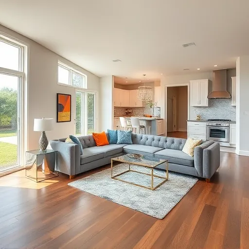 Modern living room remodel in Juno Beach FL with large windows, hardwood floors, stylish furniture, and elegant decor.