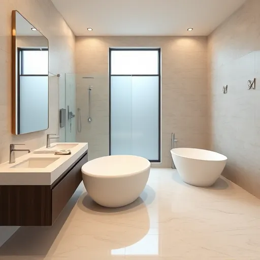 Modern bathroom with a freestanding tub, marble floors, glass shower, sleek dark wood vanity, and stylish lighting in Hypoluxo FL
