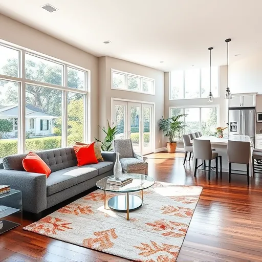 Contemporary living room in Pahokee, FL with gray sofa, sleek coffee table, modern kitchen, and lush greenery.