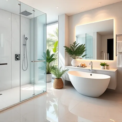 Remodeled Singer Island FL bathroom with walk-in shower, freestanding tub, marble tiles, large vanity mirror, and tropical lighting