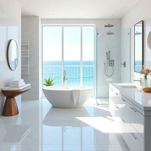 Recently remodeled Riviera Beach bathroom with modern fixtures, freestanding tub, walk-in shower, and coastal accents.