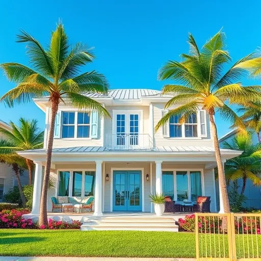 Beautifully renovated coastal house in Delray Beach with blue accents, large windows, and tropical landscaping.
