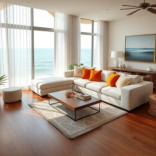 Luxurious Highland Beach living room with coastal charm, natural light, hardwood flooring, and stylish furnishings.
