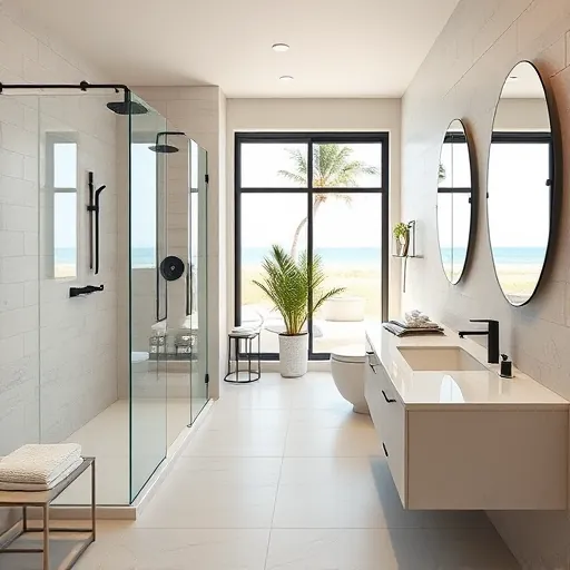 Remodeled Juno Beach bathroom with modern fixtures, marble vanity, glass shower, natural light, and coastal details