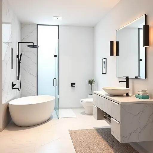 Renovated Fort Pierce bathroom with walk-in glass shower, marble tiles, soaking tub, black fixtures, marble vanity, and coastal blue accents