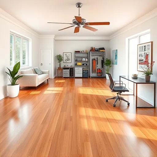 Remodeled Riviera Beach garage converted into a modern, bright living or office space with hardwood floors and stylish furnishings