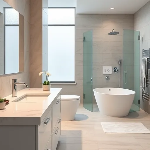 Recently renovated Okeechobee Florida bathroom with modern fixtures, marble countertops, neutral tiles, soaking tub, and glass shower