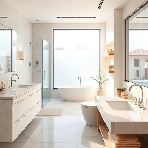 Renovated Palm Beach Gardens bathroom with modern fixtures, walk-in shower, marble countertops, soaking tub, and natural sunlight