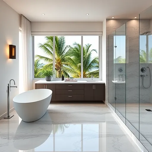 Renovated South Palm Beach bathroom with freestanding tub, coastal views, modern design, and elegant details.