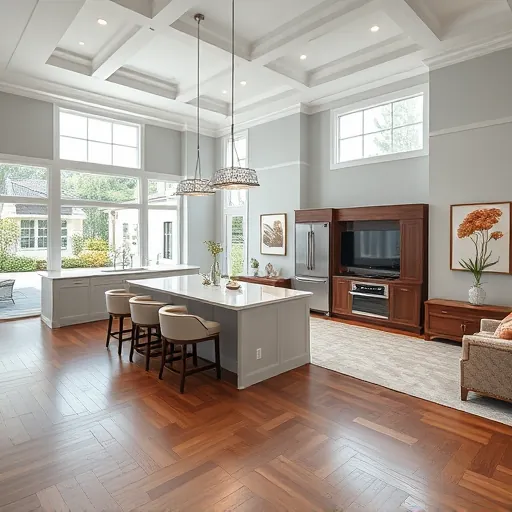 Beautifully designed open-concept remodel in Golf, FL featuring high ceilings, hardwood floors, and modern kitchen.